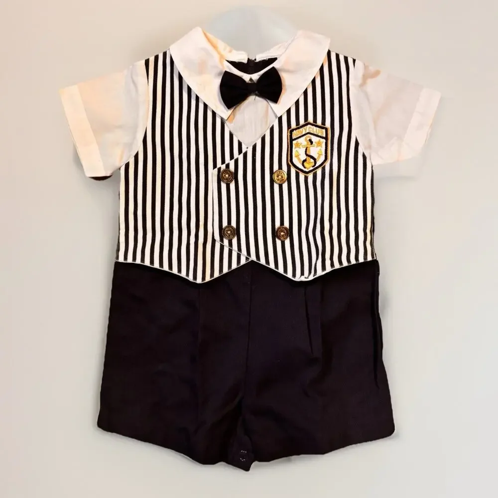Vintage Baby Boys Navy Sailor Romper 12 Months Nautical Anchor Outfit One Piece